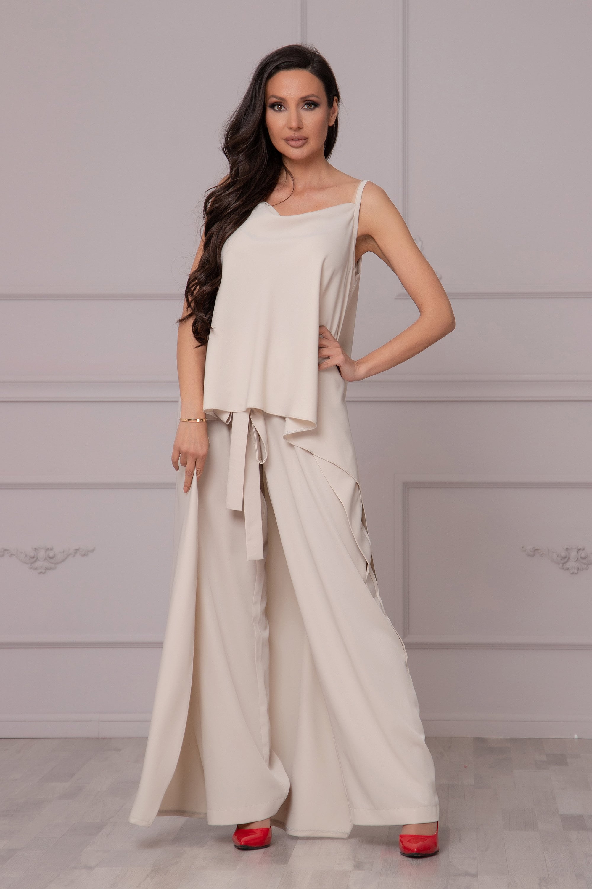 Champagne Formal 2 Piece Set, Wedding Guest Outfit, Asymmetric Tunic & Wide Leg Pants, Mother's Day Pants Suit, Special Occasion Outfit