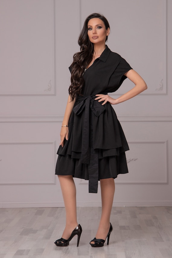 Black Cocktail Dress, Elegant Midi Loose Dress, Plus Size Maternity Feminine Dress, Belted Multiway Dress, Summer Zipper Tiered Dress