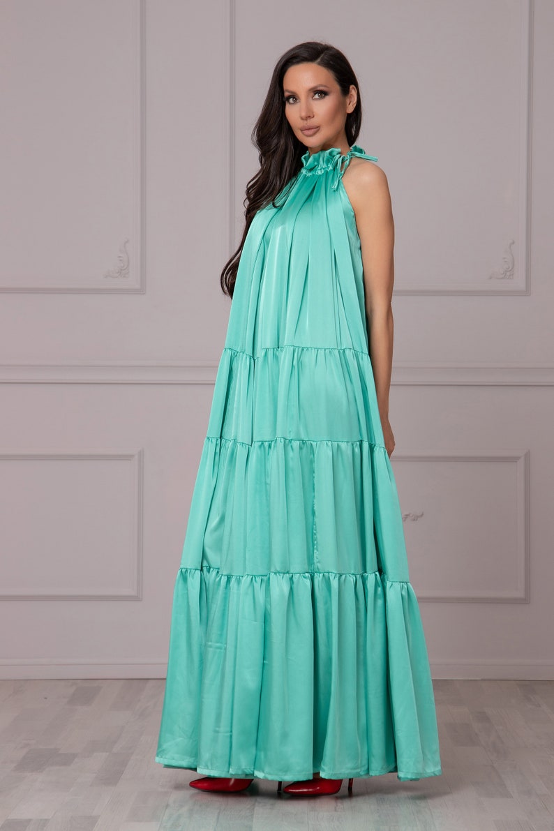 Satin Kaftan Dress, Reception Gown Dress, Green Goddess Dress, Cocktail Party Dress, Ladies Plus Size Occasion Dress, Formal Maxi Dress image 3
