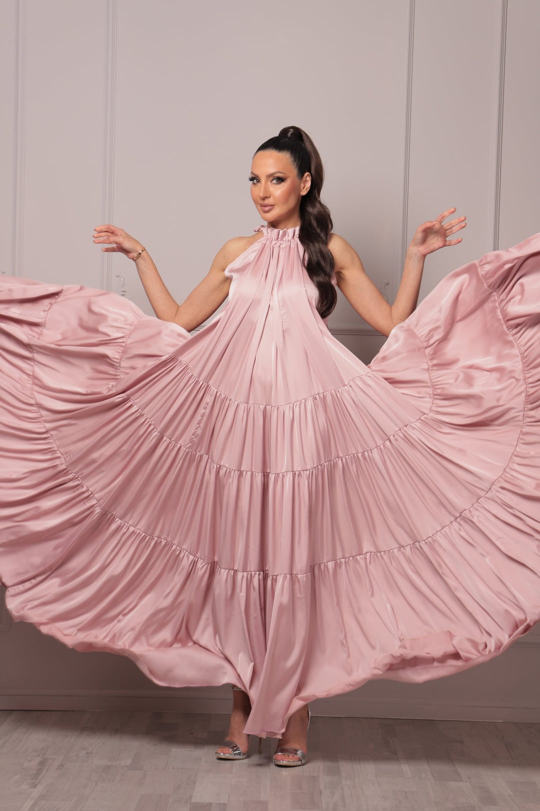 Blush Pink Satin Kaftan, Formal Wedding Guest Dress, Halter Neck