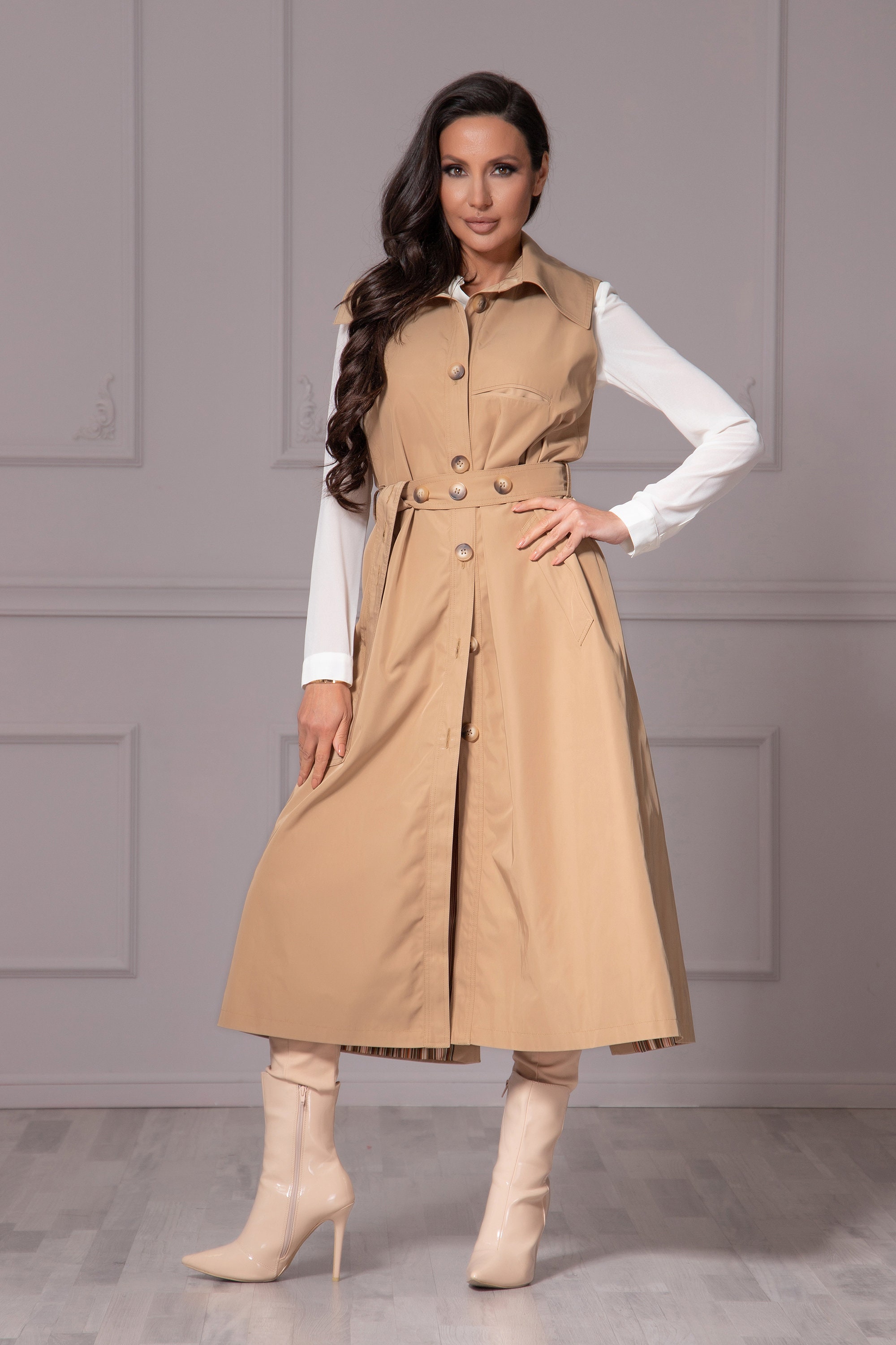 Strapless Trench Dress with Belted Waist and Buttoned Front - Beige