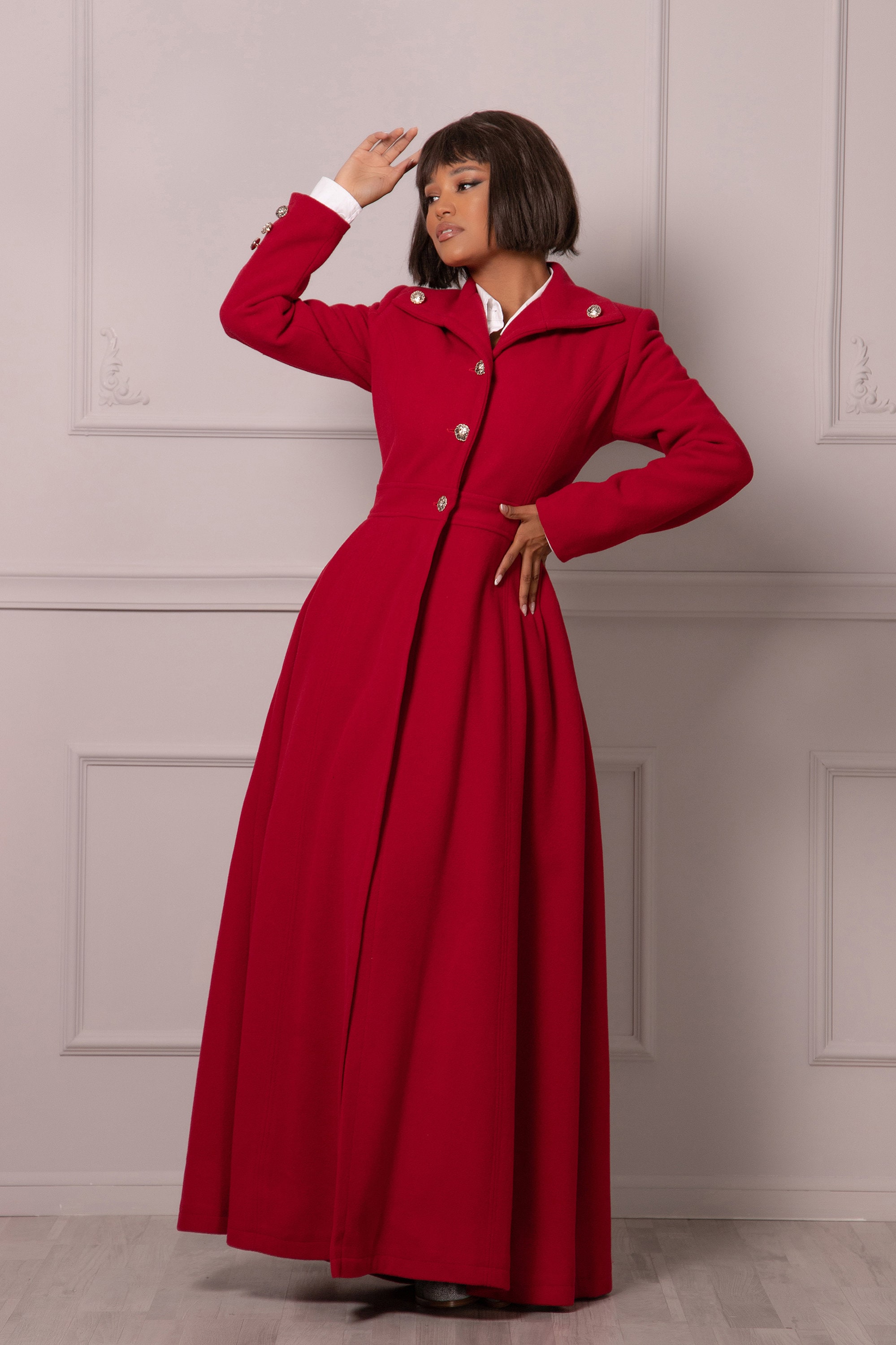 Floor Length Wool Coat, Dramatic Red Maxi Coat, Victorian