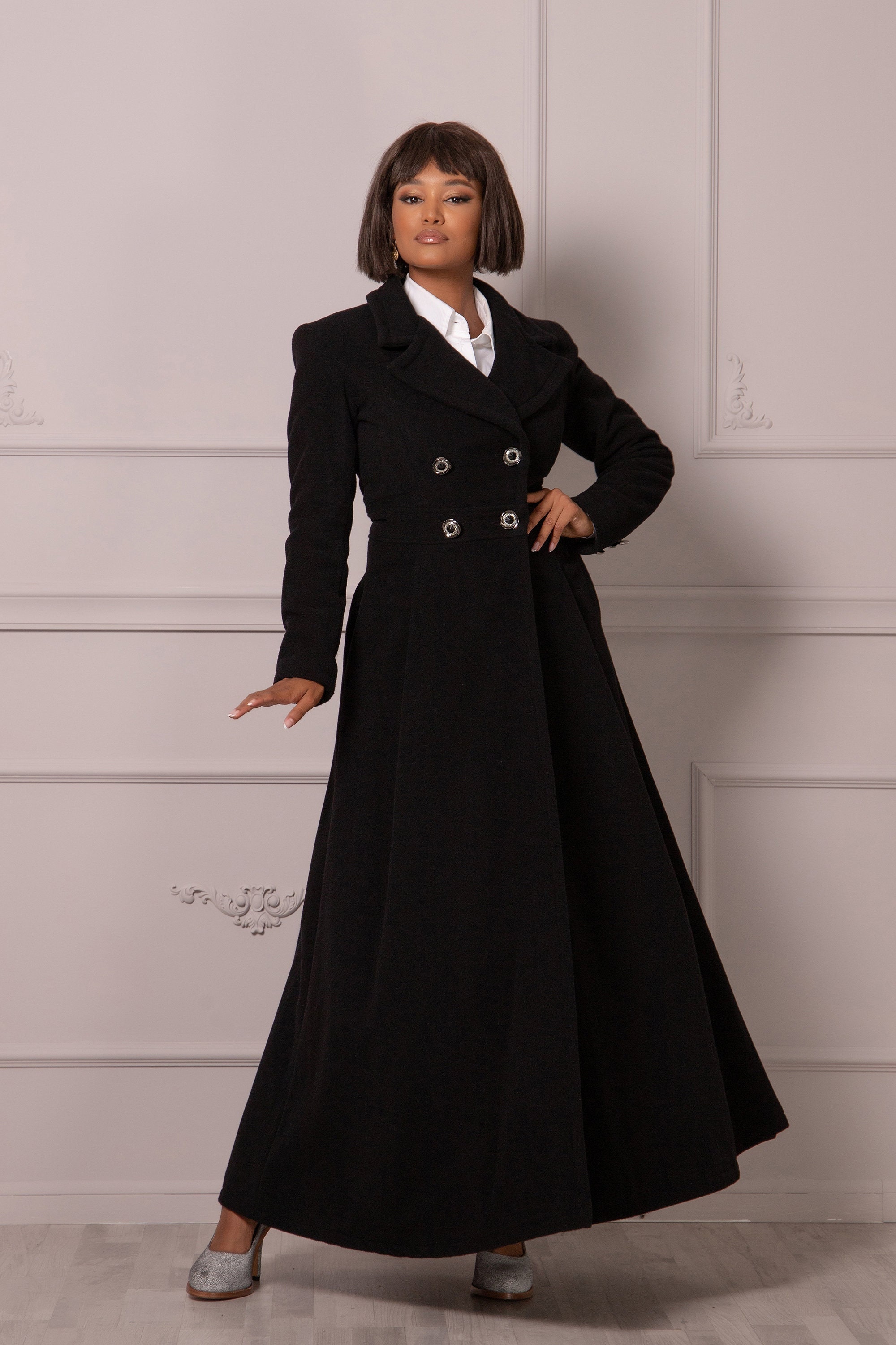 Exquisite Maxi Fit and Flare Overcoat Full Length Coat Plus Size Petite Available Black Vintage Inspired Goth Style Buttons Jacket Etsy UK