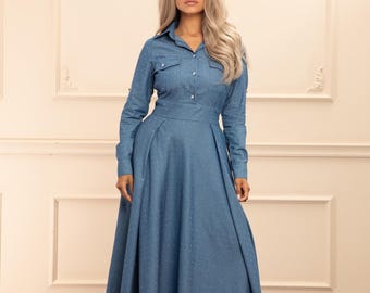 Blue Maxi Dress, Fit and Flare Dress, Plus Size Dress, Shirt Dress, Long Sleeves  Dress, Flare Dress, Floor Dress, Women Dress, Formal Dress - Etsy