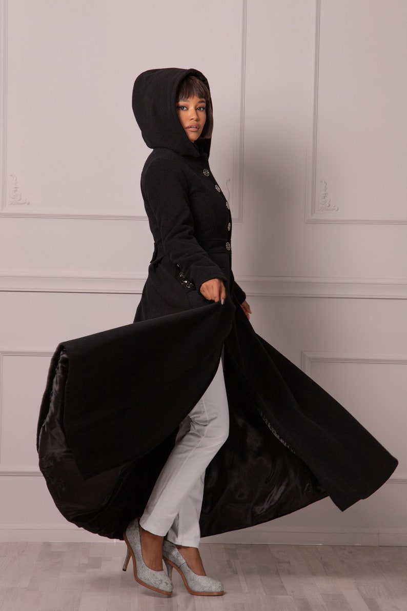 Gothic Winter Coat with Hood, Victorian Princess Coat, Long Fit and Flare Overcoat, Floor Length Wool Cashmere Hooded Coat,Edwardian Walking image 2
