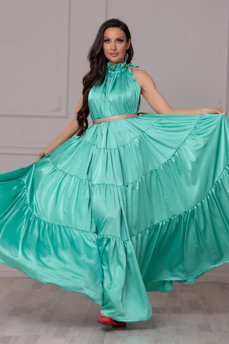 Satin Kaftan Dress, Reception Gown Dress, Green Goddess Dress, Cocktail Party Dress, Ladies Plus Size Occasion Dress, Formal Maxi Dress image 2