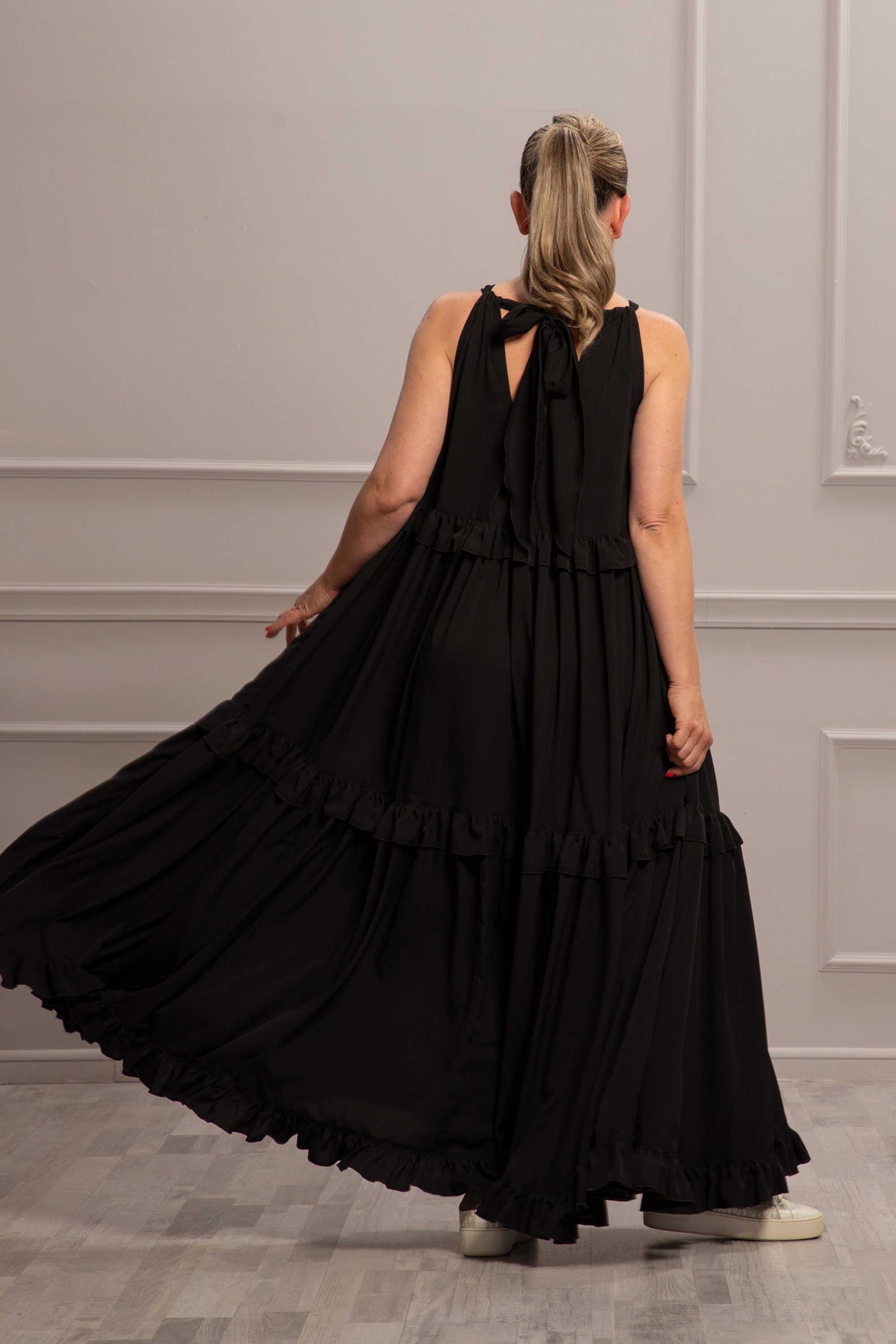 Mamyu l‘or Chiffon Tiered Dress ブラック Black Maxi Tiered Dress, Sleeveless Summer Loose Dress