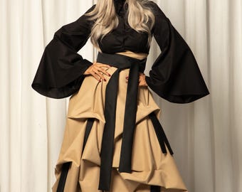 Avant Garde Drape Skirt, Japanese Clothing, Futuristic Rag Skirt, Beige Cocktail Skirt, Wedding Guest Skirt with Belt, Plus Size Clothing