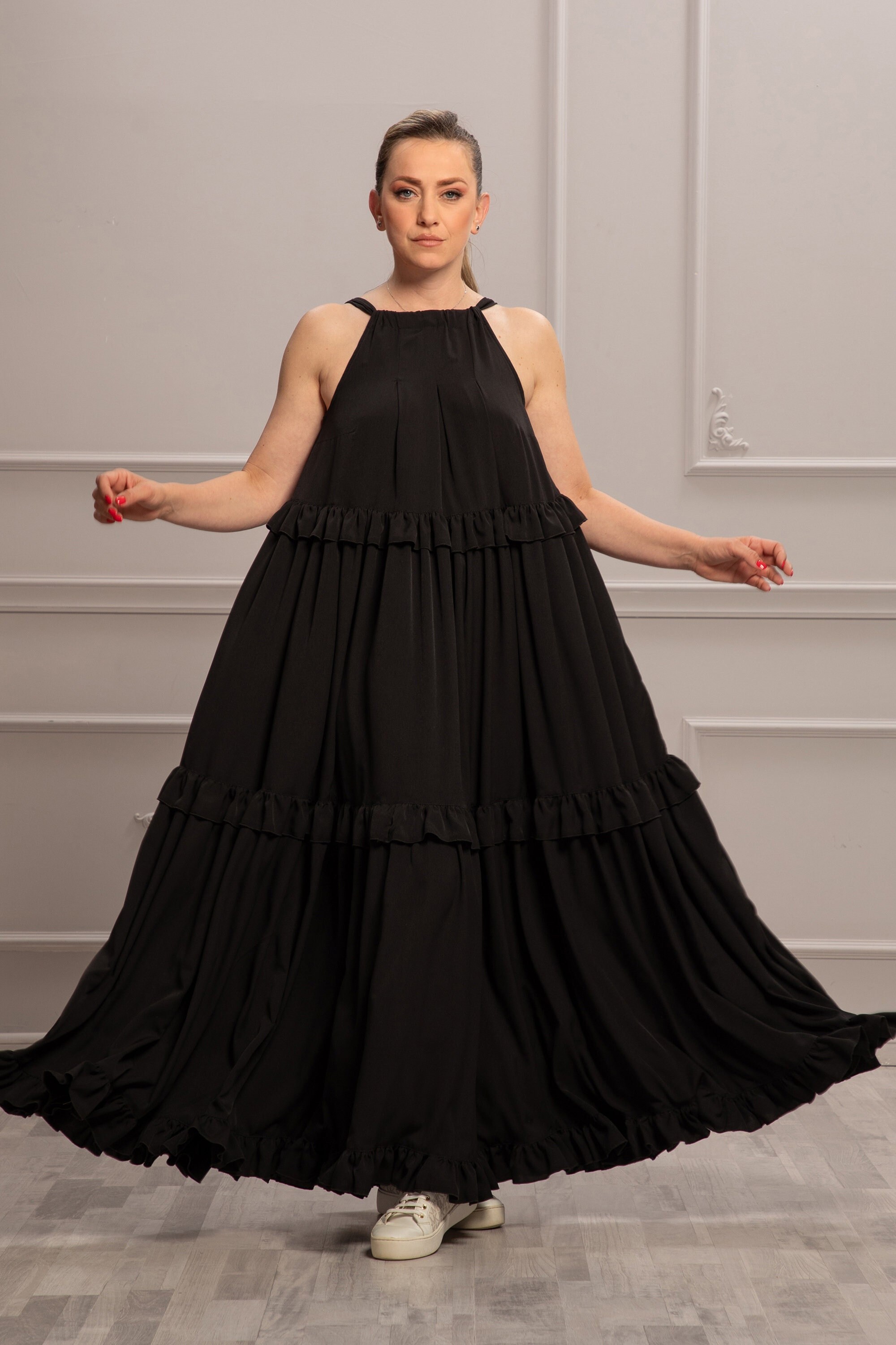 Black Maxi Tiered Dress, Sleeveless Summer Loose Dress, Maternity Long Boho Dress, Plus Size Clothing, Halter Flowy A Line Dress