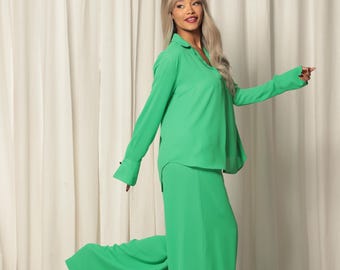 Conjunto de 2 piezas de ropa de estar por casa: camisa holgada y pantalón ancho, conjunto de pantalón holgado, ropa cómoda para mujer, conjunto verde a juego, talla grande.