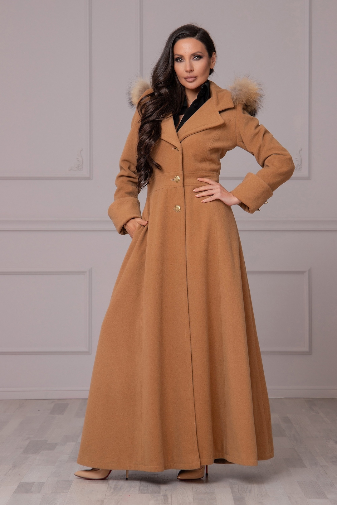Statement Wool Cashmere Maxi Overcoat With Fox Fur Hood & Cuff