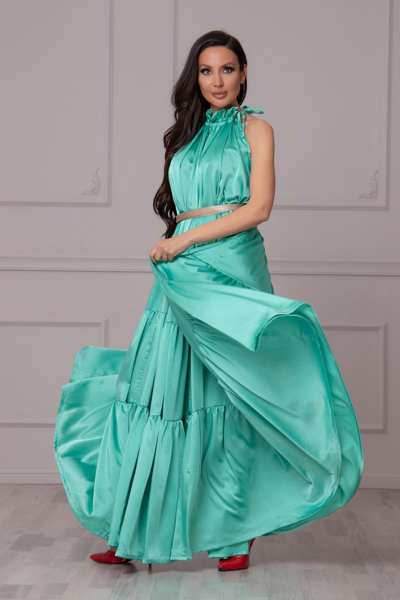 Satin Kaftan Dress, Reception Gown Dress, Green Goddess Dress, Cocktail Party Dress, Ladies Plus Size Occasion Dress, Formal Maxi Dress GᖇEEᑎ