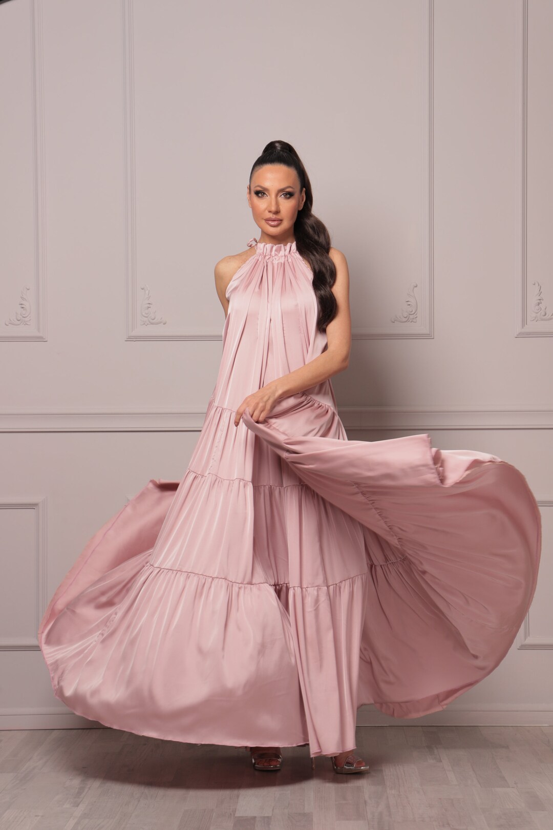 Flowy Blush Pink Satin Oversize Halter Dress, Elegant Mother's Day Dress by AtelierAstraea