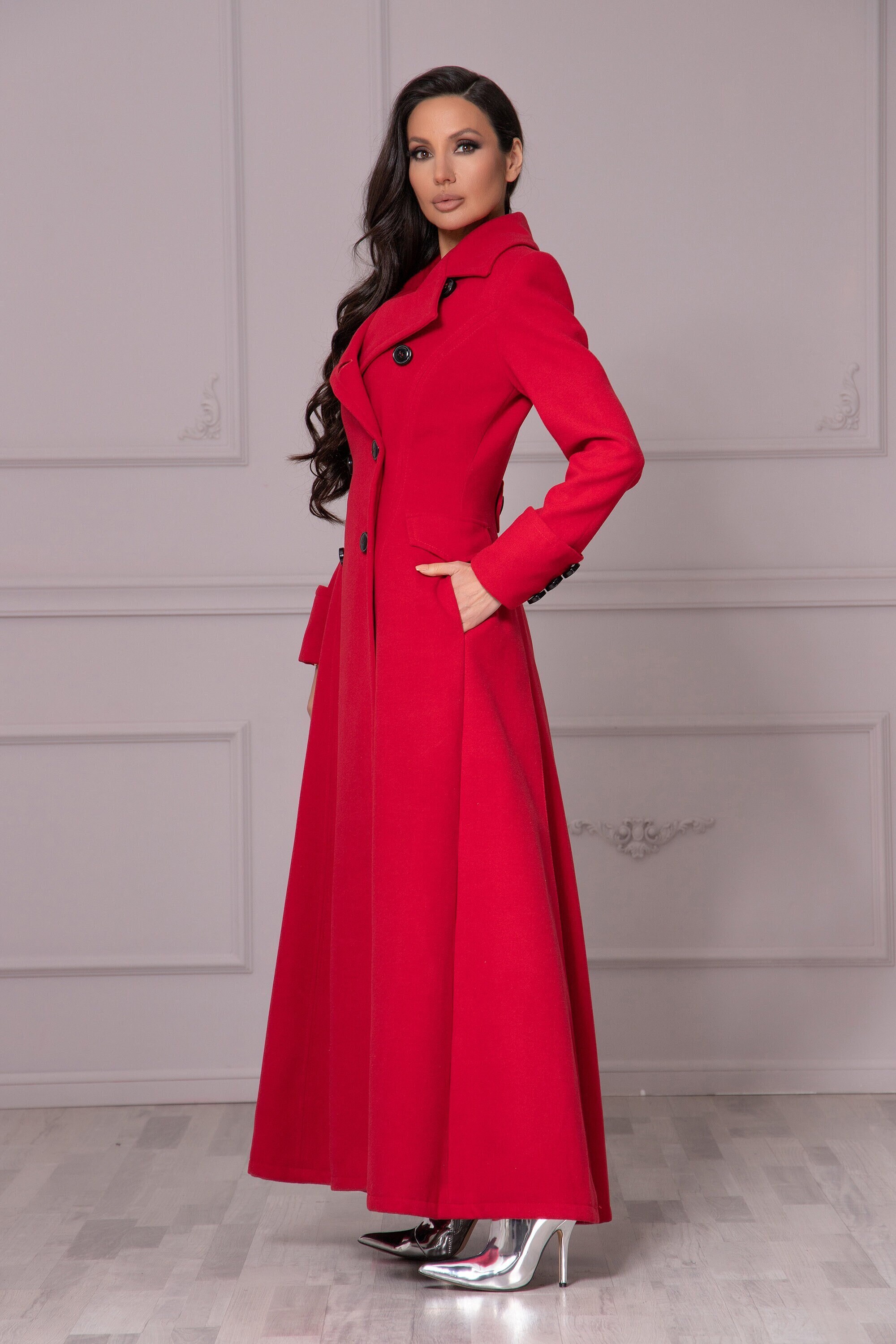 Full Length Cashmere Red Coat, Double Breasted Wool Coat, Long Red