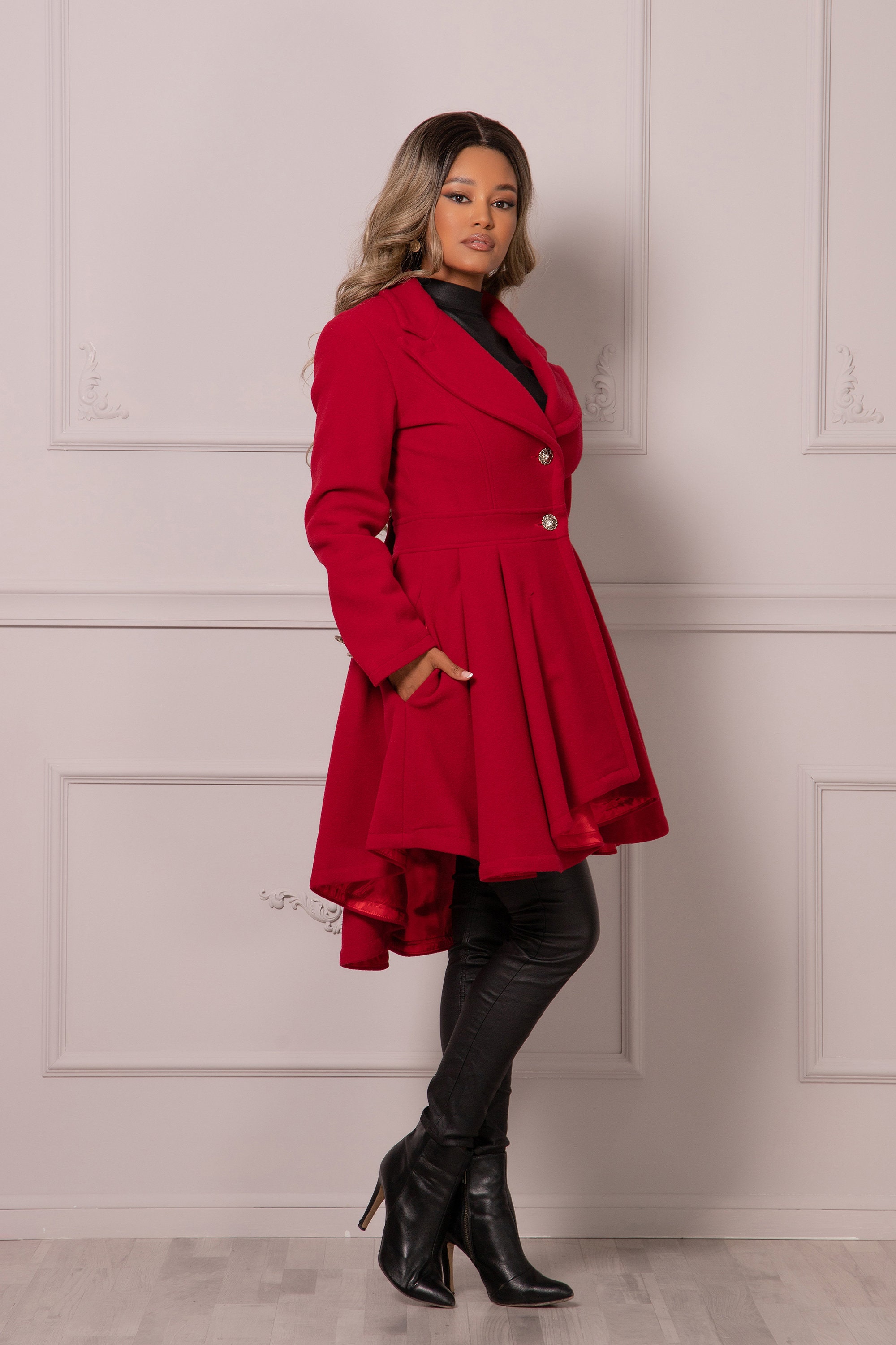 Red Wool Skirt Coat Vintage Inspired 