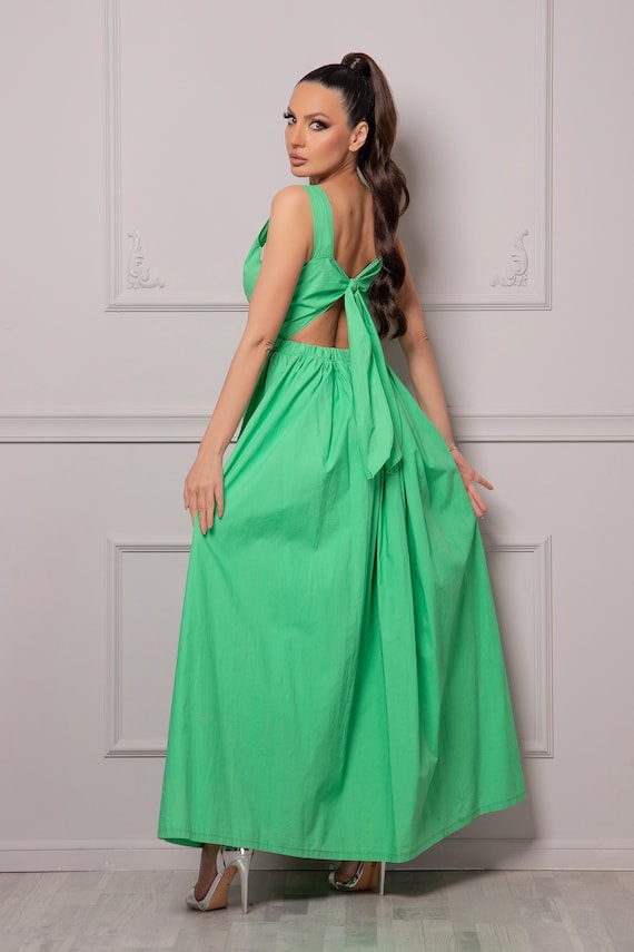Full Length Dress With Open Back Tie Beach Wedding Guest Dress Bright Green Maxi Summer Dress Waist Line Kaftan Dress Long Boho Dress Etsy