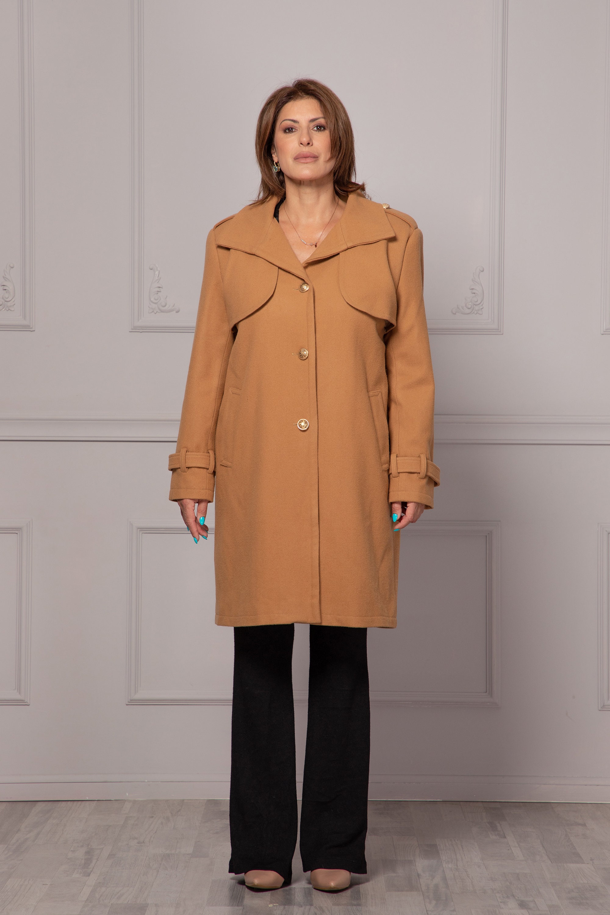 Cala Wool Mix Trench Coat with Belt and No Fastenings - Black, Camel