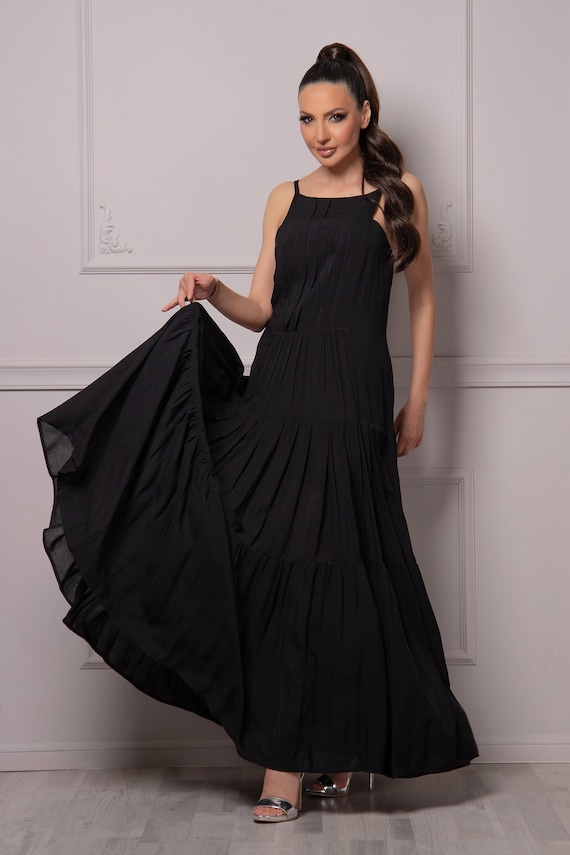 Minimalist Wedding Guest Dress, Spaghetti Straps Black Maxi Dress, Pleated Special Occasion Floor Length Dress, Open Back Elegant Dress
