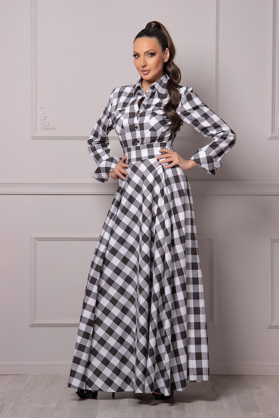Black and White Buffalo Plaid Dress, A-Line Flared Dress, Wedding Guest Dress, Ladies Shirt Dress, Tartan Dress with Collar,Cuffs & Pockets
