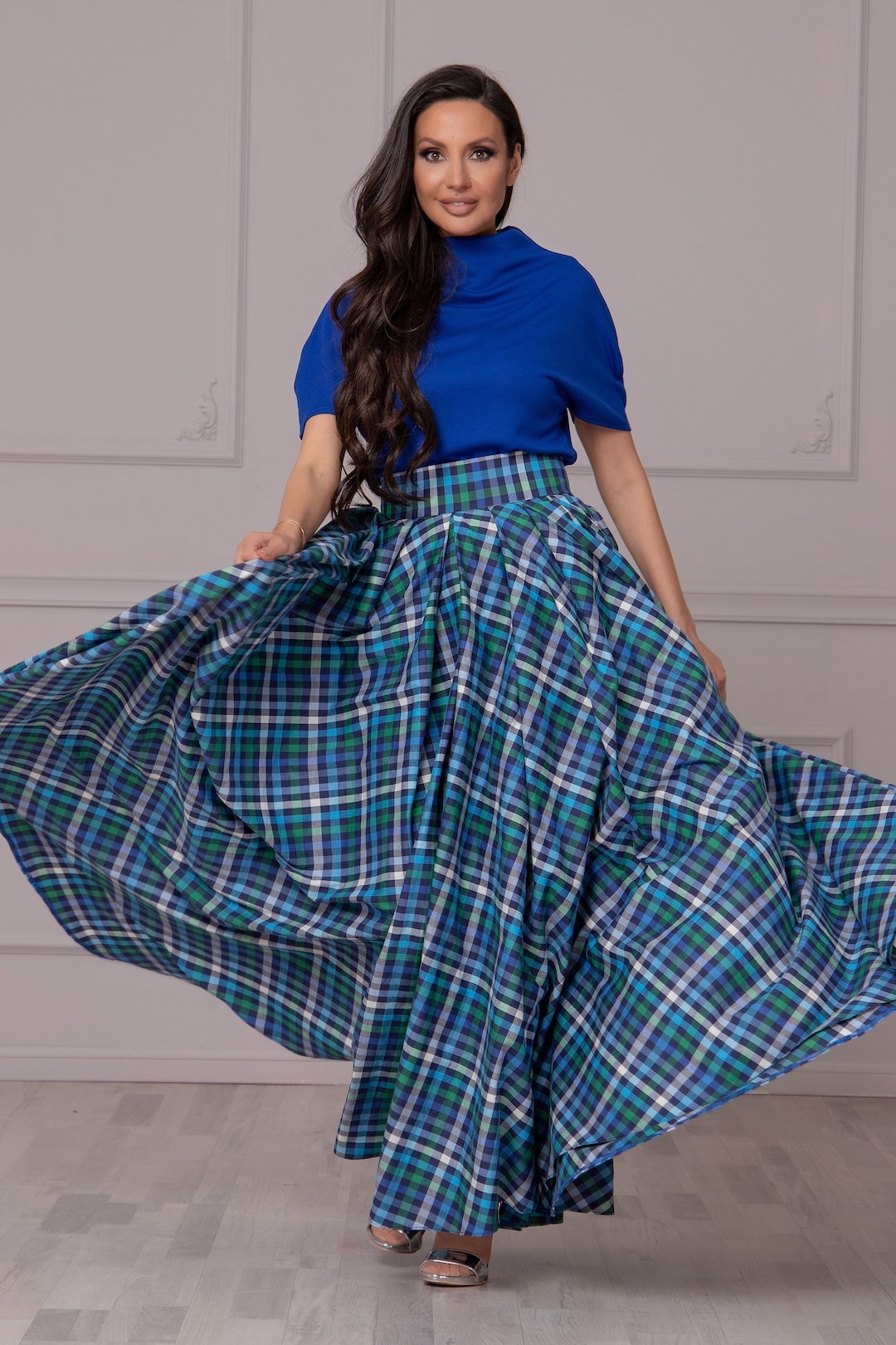 Maxi Blue Tartan Skirt: Plaid Cotton A-line Skirt With High Waist