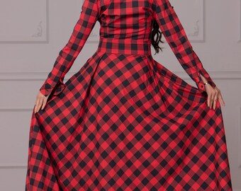 Maxi Red Plaid Shirt Dress With Long Sleeves, Elegant Tartan Flowy Dress,  Elegant Checkered Dress by Atelierastraea - Etsy UK