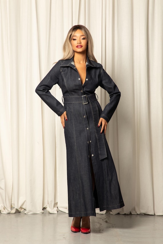 navy blue dress for baby girl Elegant Denim Dress with Belt, Long Sleeve Denim Dress, Winter Shirt Dress, Elegant Vest Dress, Multipurpose Outfit, Plus Size Clothing