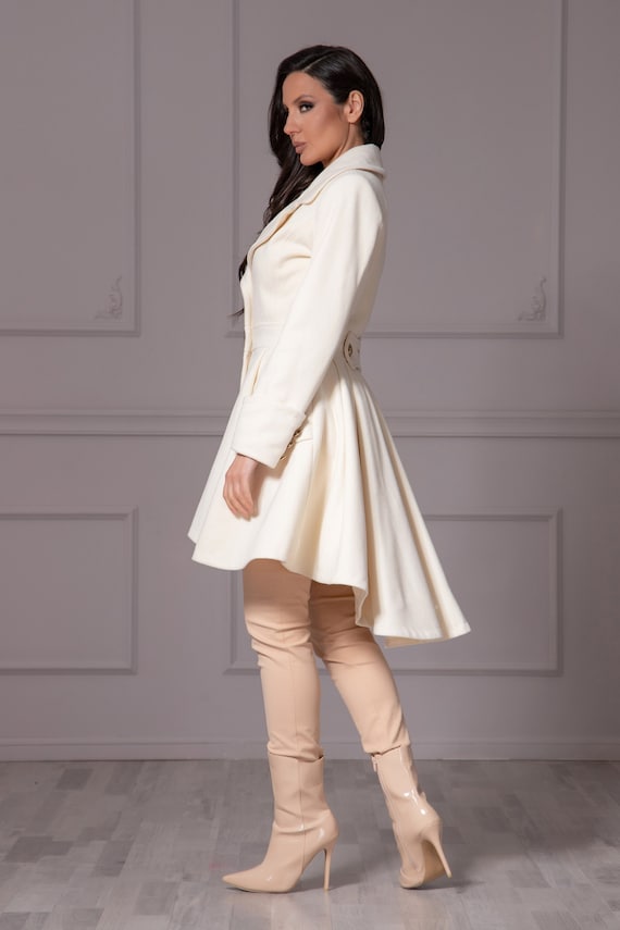 Asymmetric High Low Wool Coat, Fit and Flare Jacket, Vintage