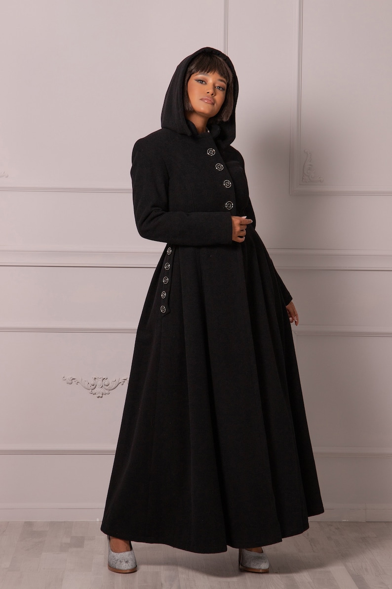 Gothic Winter Coat with Hood, Victorian Princess Coat, Long Fit and Flare Overcoat, Floor Length Wool Cashmere Hooded Coat,Edwardian Walking ᗷᒪᗩᑕK