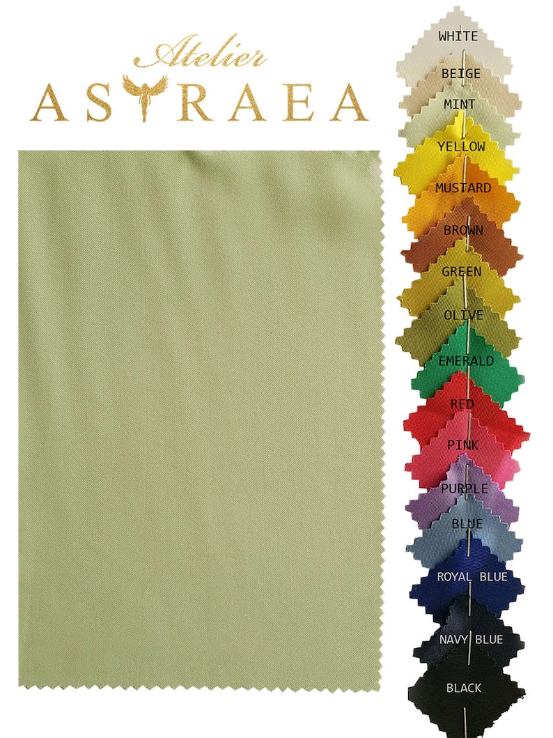 May include: A swatch of fabric in a light green color. The fabric is displayed against a white background with a color chart of fabric swatches in various colors, including white, beige, mint, yellow, mustard, brown, green, olive, emerald, red, pink, purple, blue, royal blue, navy blue, and black.