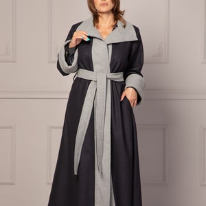 Lagenlook Robe Coat with Belt, Warm  Maxi Gray & Black Wool Jacket, Oversized Cardigan Coat for Winter, Minimalist Loose Fit Overcoat
