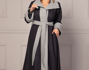 Lagenlook Robe Coat with Belt, Warm  Maxi Gray & Black Wool Jacket, Oversized Cardigan Coat for Winter, Minimalist Loose Fit Overcoat