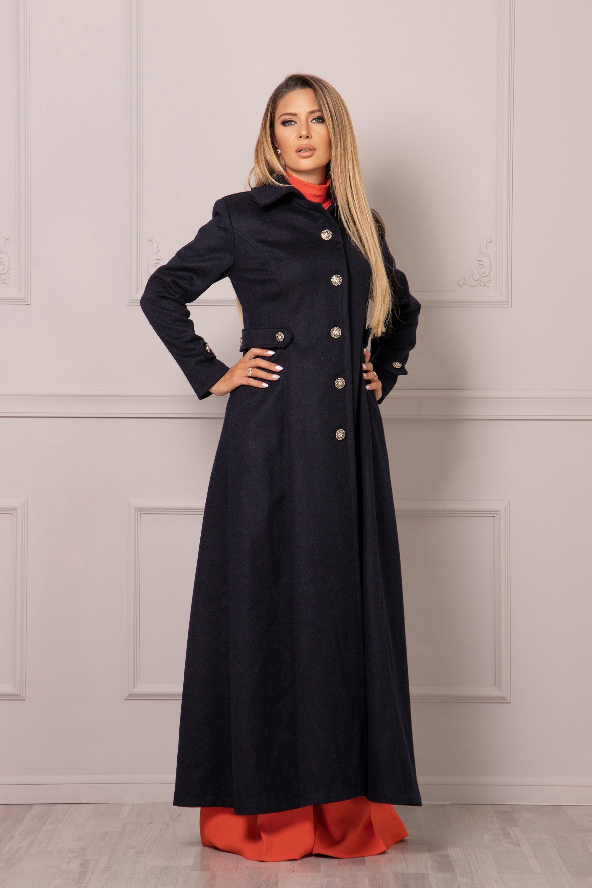 Ankle Length Wool Cashmere Jacket Coat Detective Maxi Ladies Coat Flared Gothic Coat Long Winter Dark Blue Overcoat Military Style Coat Etsy Canada