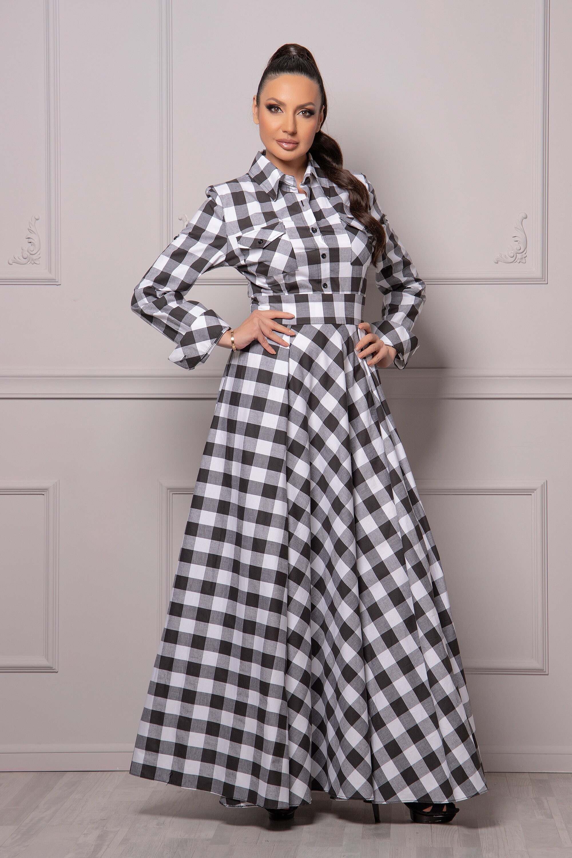 Black and White Buffalo Plaid Dress A line Flared Dress Wedding Guest Dress Ladies Shirt Dress Tartan Dress With Collar cuffs Pockets Etsy UK