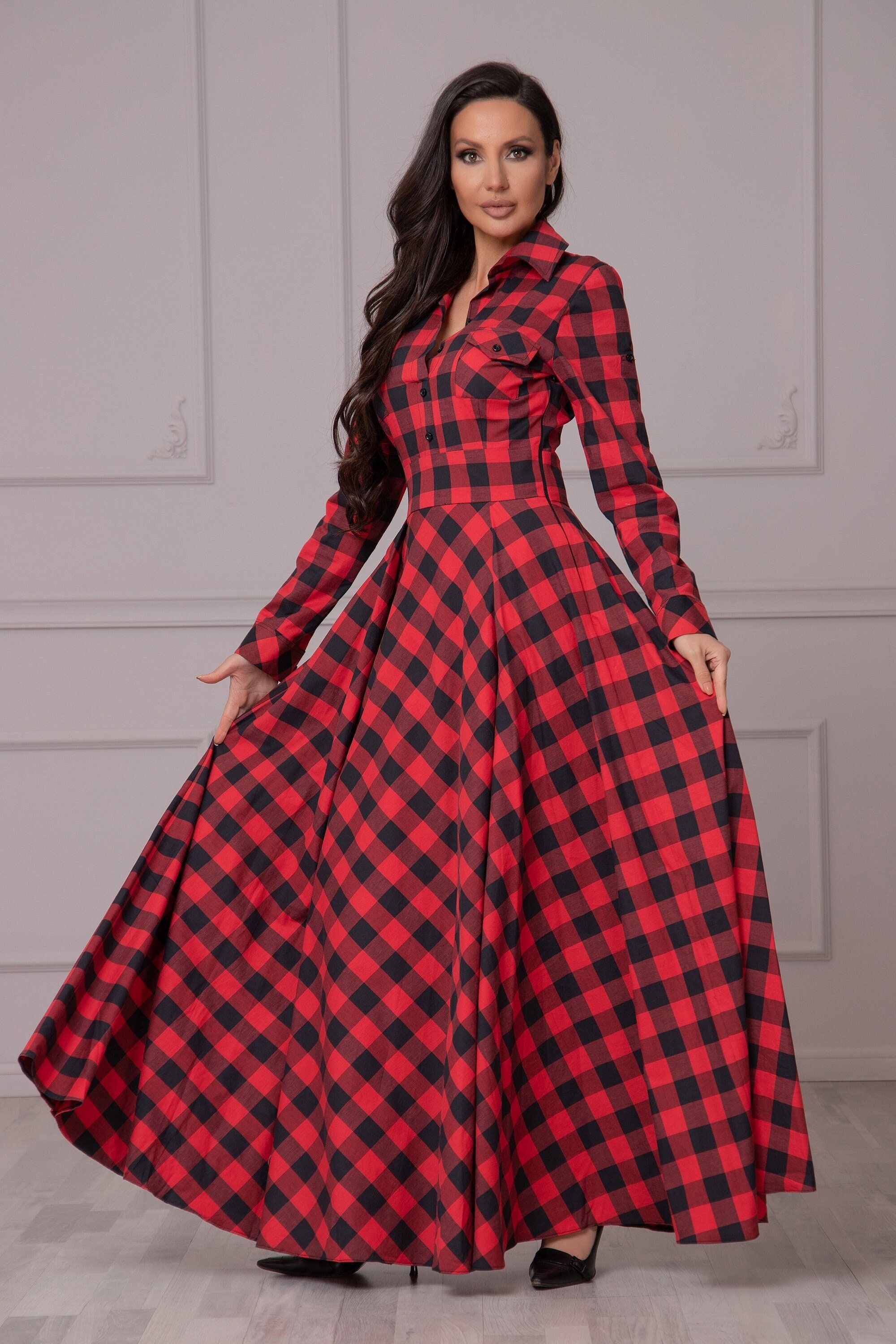 Red and Checkered Dress of Plaid Buffalo Dress, Dress, Israel Dress Full Size Tartan Maxi Black Lumberjack Plus Cotton Tartan Gown Dress, Etsy - Made