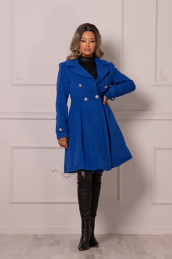 Royal Blue Fit and Flare Coat, Double Breasted Winter Coat, Custom Military  Style Coat, Feminine Pea Coat, Elegant Short Wool Cashmere Coat 