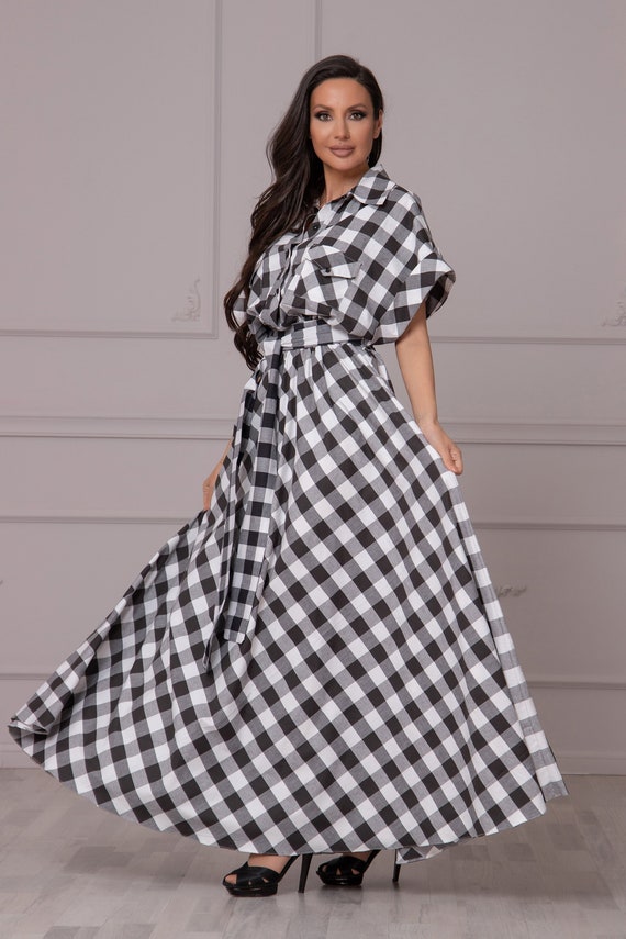 Black & White Buffalo Plaid Cotton Dress, Long Formal Shirt Dress, Plus  Size Maxi Dress, Stylish Tartan Dress, Feminine Festive Kaftan Dress - Etsy