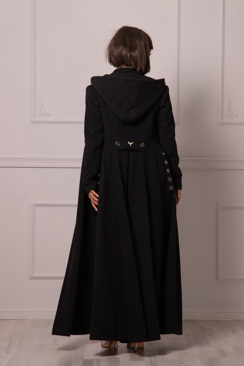 Gothic Winter Coat with Hood, Victorian Princess Coat, Long Fit and Flare Overcoat, Floor Length Wool Cashmere Hooded Coat,Edwardian Walking image 8