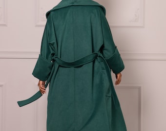 Robe Trench Coat With Belt, Big Lapeled Emerald Green Jacket