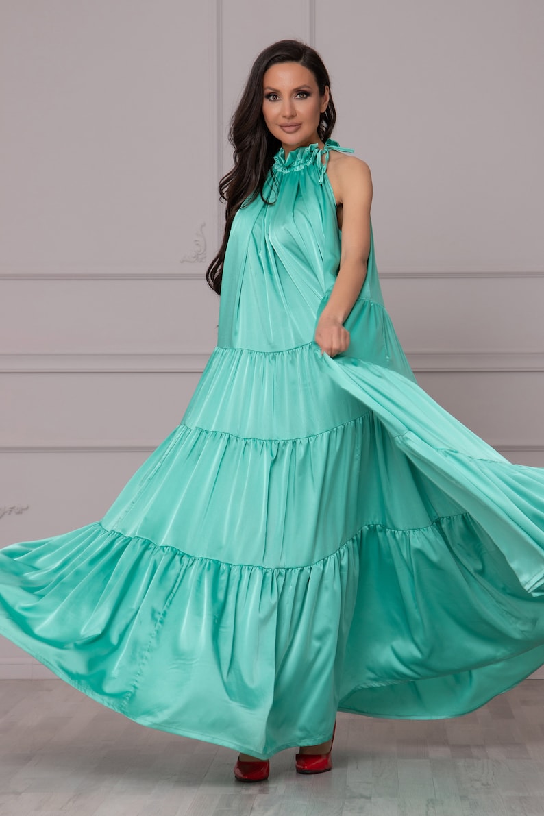 Satin Kaftan Dress, Reception Gown Dress, Green Goddess Dress, Cocktail Party Dress, Ladies Plus Size Occasion Dress, Formal Maxi Dress image 5