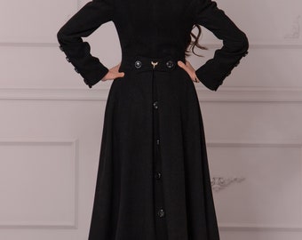 Wool Goth Winter Slits Coat, Victorian Inspired Fitted Jacket Coat, Black Princess Wool Overcoat, Floor Length Edwardian Walking Coat
