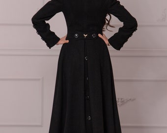 Stunning Goth Winter Slits Coat, Victorian Inspired Fitted Jacket Coat, Black Princess Wool Overcoat, Floor Length Edwardian Walking Coat