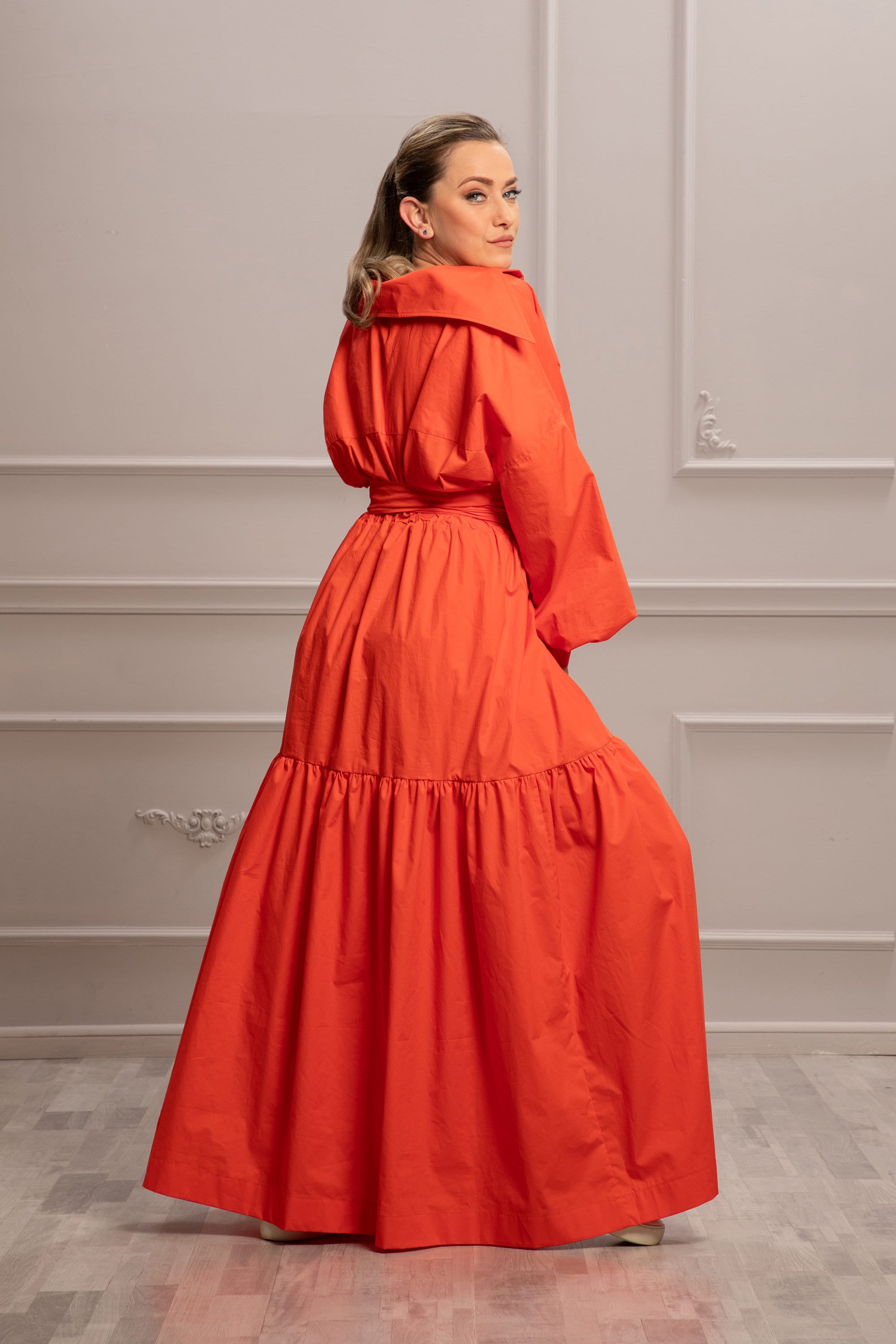 orange cocktail dress with sleeves Burnt Orange Pleated Long Sleeve Mini Dress
