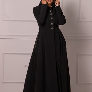 Gothic Winter Coat with Hood, Victorian Princess Coat, Long Fit and Flare Overcoat, Floor Length Wool Cashmere Hooded Coat,Edwardian Walking image 4