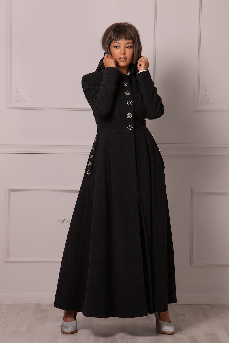 Gothic Winter Coat with Hood, Victorian Princess Coat, Long Fit and Flare Overcoat, Floor Length Wool Cashmere Hooded Coat,Edwardian Walking image 4