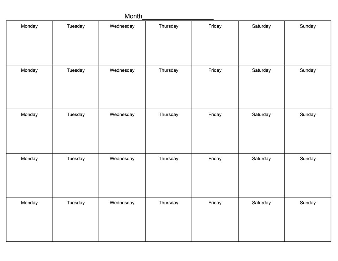 Monday Start Blank Monthly Printable Calendar - Etsy