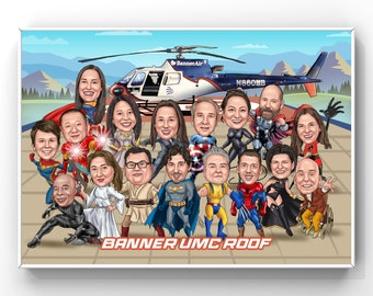 Personalized Superhero Cartoon Portrait, Custom Superhero Caricature, Group Portrait, Caricature from Photo, Group Gift, Personalized Gift