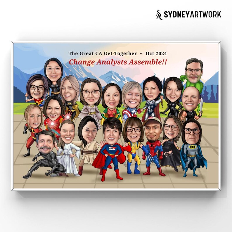 May include: A cartoon illustration of a group of people dressed as superheroes. The illustration is set against a backdrop of mountains and a blue sky. The text at the top of the illustration reads 'The Great CA Get-Together ~ Oct 2024 Change Analysts Assemble!'