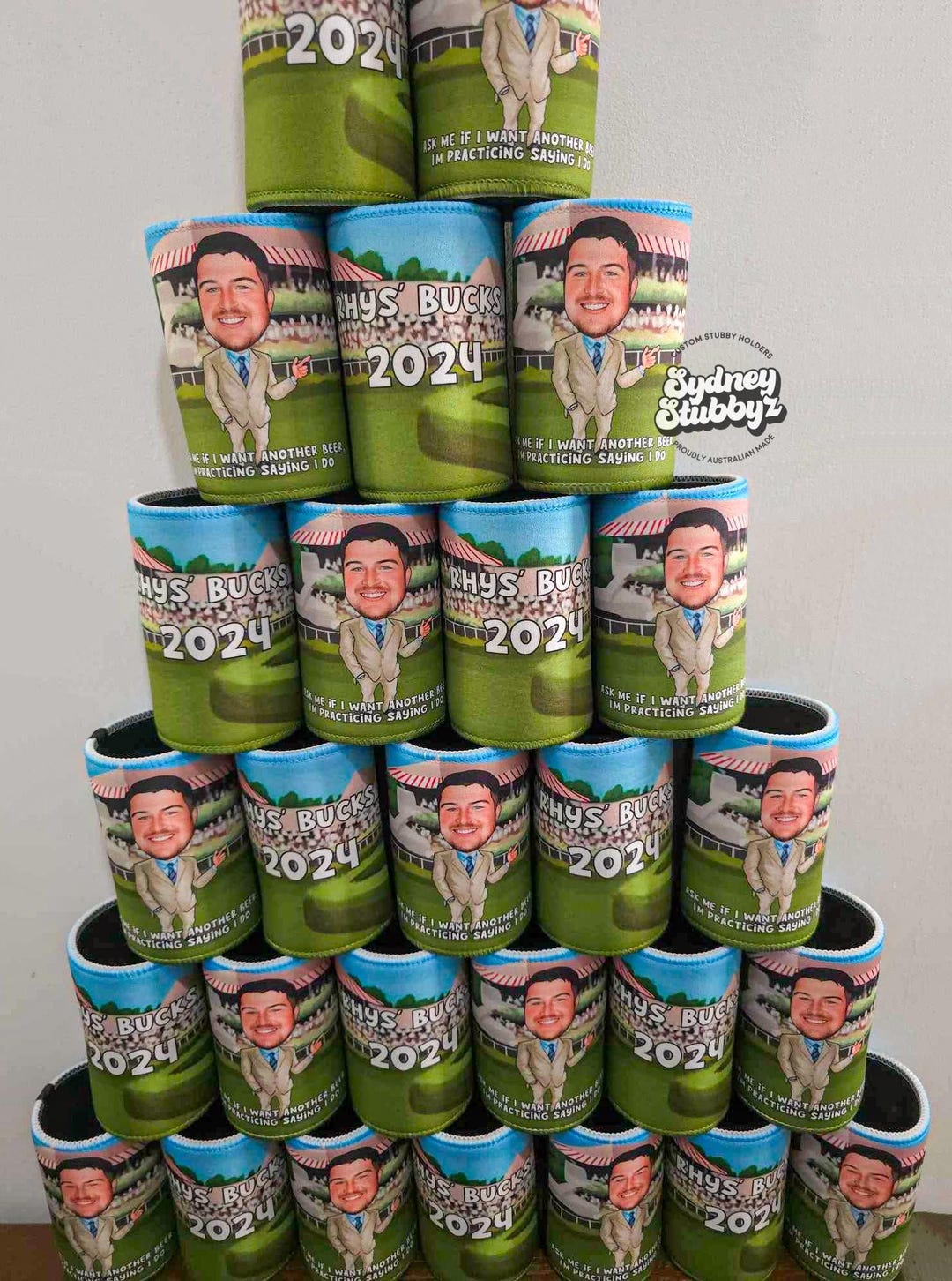 Custom Bucks Stubby Holder, Wedding Favor, Stag Bachelor or Hens