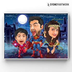 Superhero Portrait from your photo, Funny Superhero Family Cartoon Portrait, Superhero Caricature Comics, Superhero Birthday Gift for Him