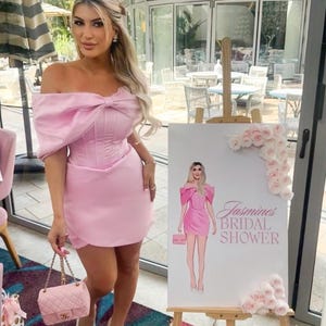 Niestandardowe ilustrowane zaproszenie na wieczór panieński, tabliczka powitalna, plakat. Tabliczka na wieczór panieński z kreskówek, kreskówka Bride to Future, ilustracja mody ślubnej